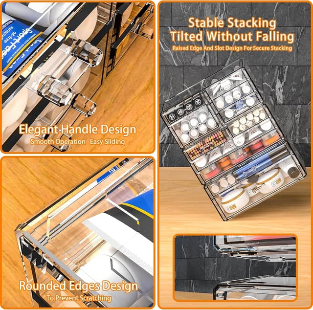Detalle de Acrylic Clear Makeup Organizer Countertop (11 Drawers) — Stackable Vanity & Skincare Storage for Beauty Counters