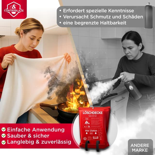 Detalle 2 de Contrablaze Feuerlöschdecke 1x1 m (EN 1869:2019) für Küche, Haushalt, Auto