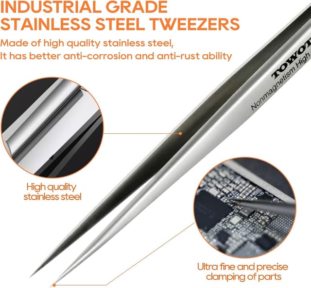Detalle de Precision Tweezers by TOWOT — Stainless Steel Pointed Tweezers for Craft, Electronics & Soldering
