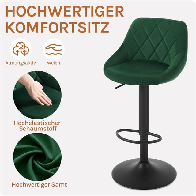 Detalle 2 de WOLTU Barhocker 2er Set mit Lehne, höhenverstellbar & drehbar (dunkelgrün)