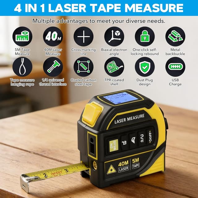 Detalle de 4-in-1 Laser Tape Measure (Class 2) with 40m Laser Distance Meter, 5m Tape, Cross-Line Level & Dual-Axis Angle