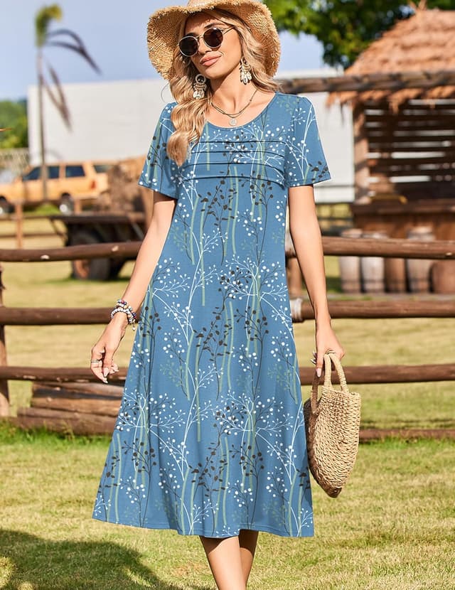 Detalle de Zeagoo Women’s Short-Sleeve Flare Midi Dress with Pockets (Pleated Front, Floral Print)