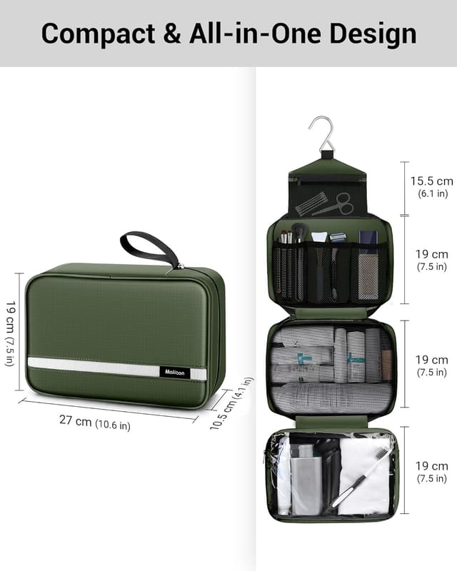Detalle de Maliton Large Hanging Toiletry Bag (Waterproof, Green) with 4 Compartments
