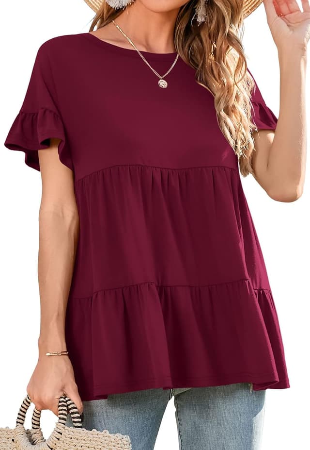 Detalle de Neineiwu Damen Rundhals-T-Shirt mit Rüschensaum, kurzarm Sommerbluse (S–XXL)