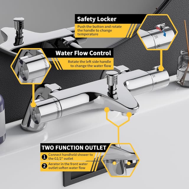 Detalle de MORADO thermostatic bath shower mixer tap with temperature control (solid brass, chrome finish) – bathtub mounted