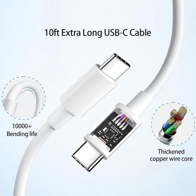 Detalle de 10ft USB-C Cable + 20W USB-C Wall Charger Set for iPhone 16/15 Pro Max, iPad & AirPods (Fast Charging) — White