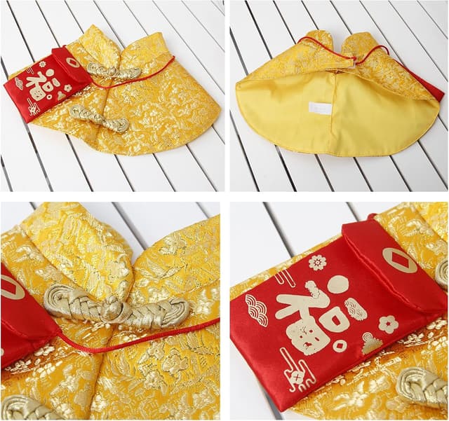 Detalle de BT Bear Dog Chinese New Year Costume (L, Gold) – Chinese Knot Buttons Tang Suit with Neck Strap Scarf