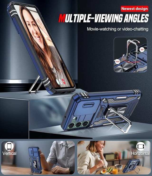 Detalle de LeYi Samsung Galaxy S22 5G Case with sliding camera cover and 360° ring stand (N-Blue)