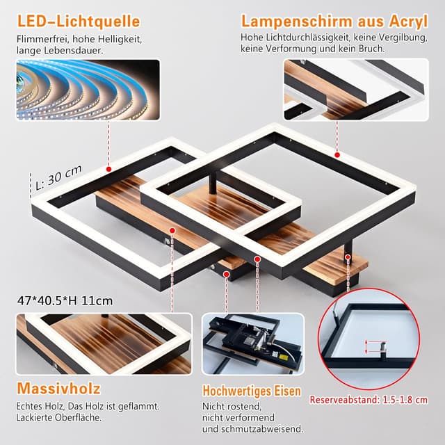 Detalle de SEATAIN LED Deckenleuchte Holz dimmbar (47 cm) mit Fernbedienung, Memory-Funktion & Nachtlicht