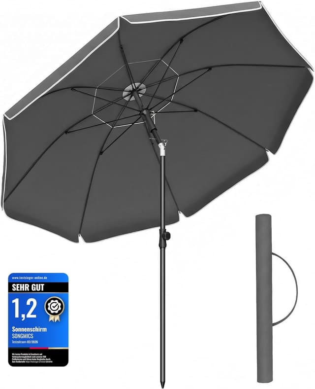 Detalle de SONGMICS Sonnenschirm 180 cm mit UPF 50+ und beidseitigem 30°-Knick, höhenverstellbar, grau (GPU062GZ01)
