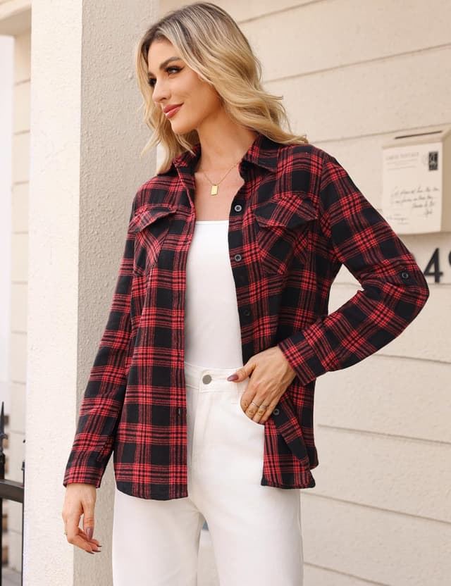 Thumbnail 6 de Irevial Blouses chic en coton à carreaux, boutonnée, manches longues