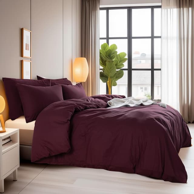 Detalle de NEXHOME PRO Queen Linen-Look Duvet Cover Set in Washed Cotton (Burgundy Dark Red)