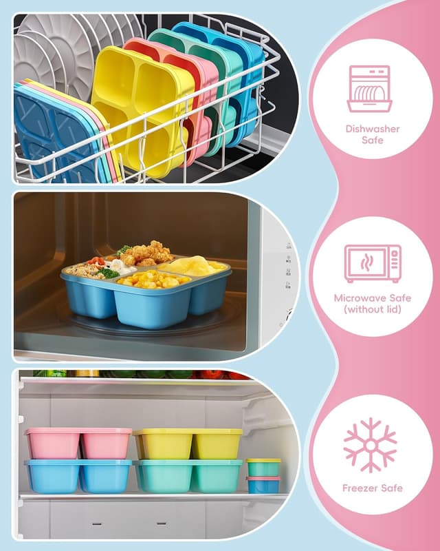 Detalle de Canfanni 4-Piece Reusable Snack Box Containers Set with 4 Compartments and 2 Sauce Containers (BPA-Free, Stackable)