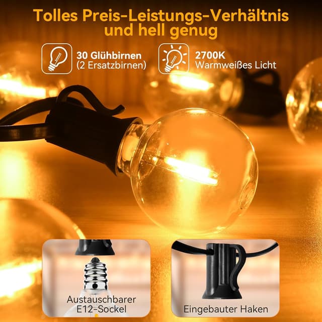 Detalle 2 de AVANLO LED Lichterkette Außen 15 m – wetterfest & dimmbar kompatibel (30+2 Glühbirnen, IP44)