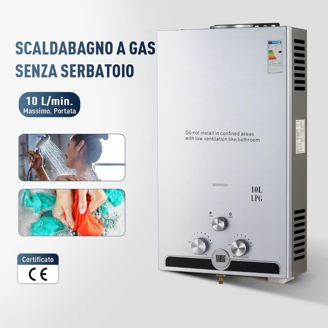 Detalle de CO-Z Scaldabagno a gas GPL 10L da 17 kW a parete senza serbatoio con modalità Inverno/Estate e display LED