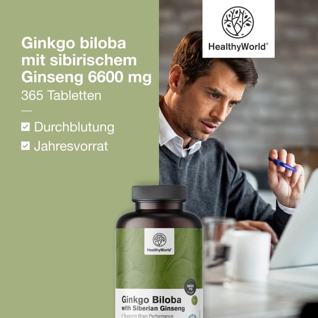 Detalle de HealthyWorld Ginkgo Biloba mit sibirischem Ginseng (6.600 mg) – 365 Tabletten für die tägliche kognitive Unterstützung