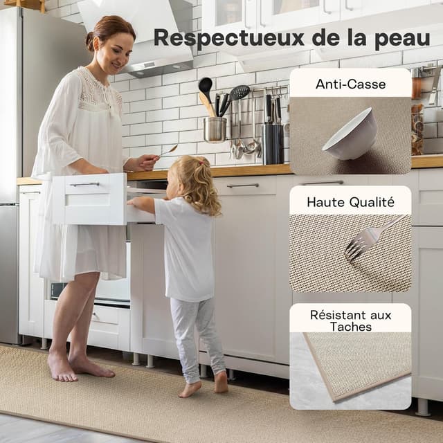 Detalle de Tapis de cuisine long Mizuosre devant l’évier antidérapant et lavable 43,5 x 180 cm beige