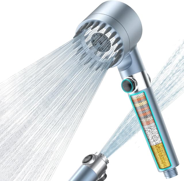 Detalle de MEKO Hard Water Filter Shower Head with 15-Stage Filter and 3+1 Spray Modes (Blue) + 1.5m Hose