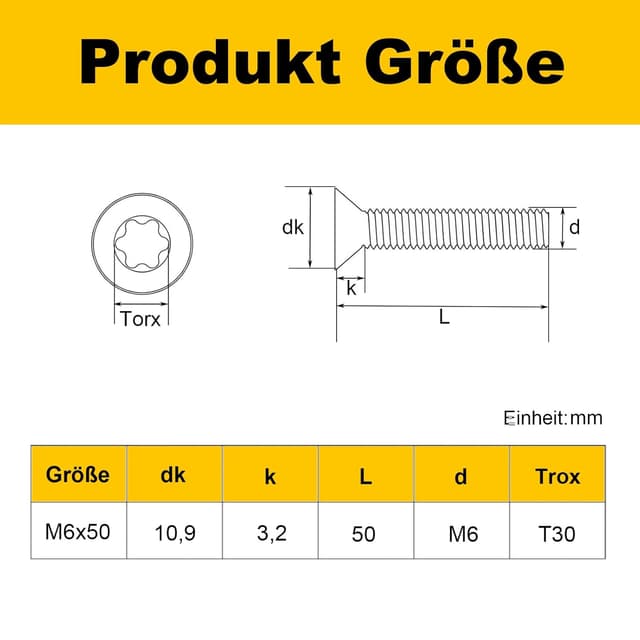 Detalle 2 de Zuyya 20 Senkschrauben M6 x 50 mm Torx aus Edelstahl A2 (Vollgewinde) inkl. Torx-Schlüssel