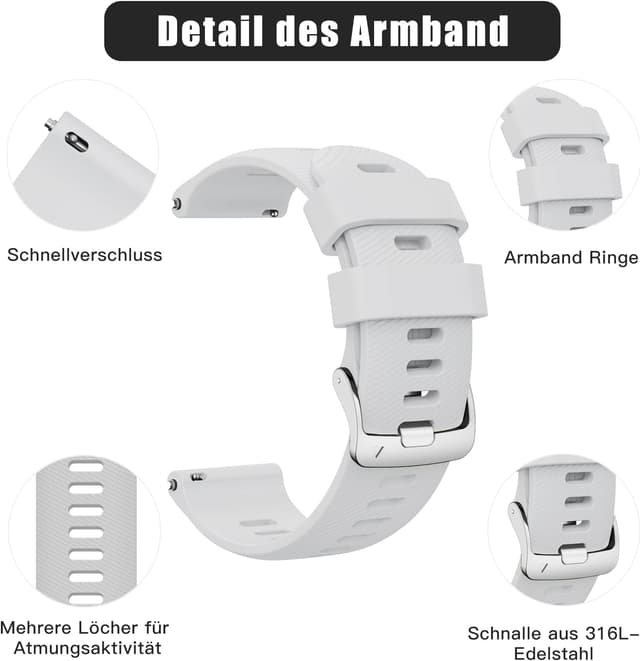 Detalle de ANBEST Silikon-Armband (18 mm) für Garmin Forerunner 255/Vivoactive 4/Venu 2 & weitere Uhren – Ersatzband mit Schnellverschluss