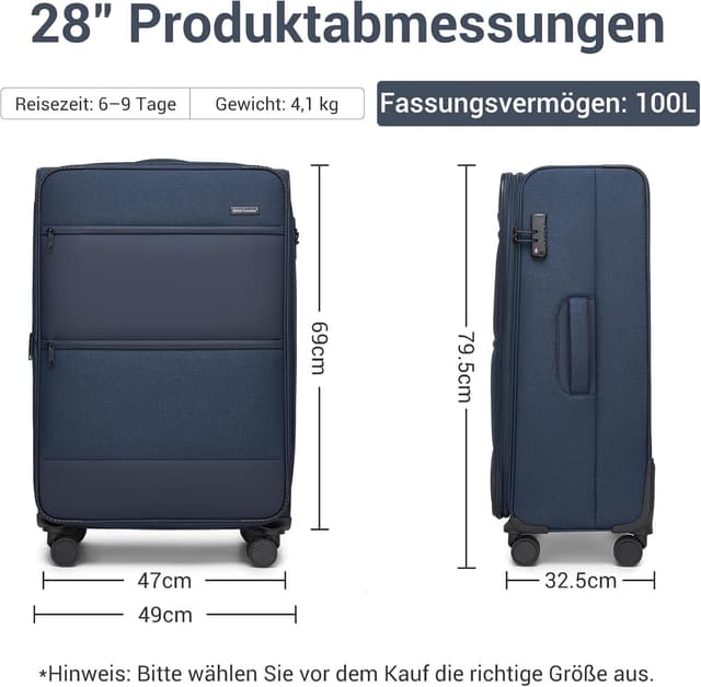 Detalle 2 de British Traveller Erweiterbarer Großkoffer (100 L) mit TSA-Schloss, 4 Rollen & Volumenerweiterung – Blau