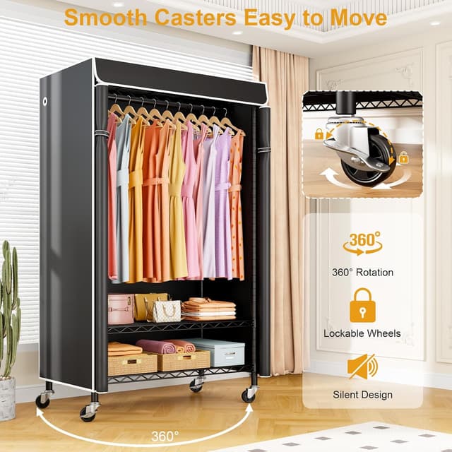 Detalle 2 de ULIFHOME P6C Rolling Clothes Rack with Cover (Max Load 365 lbs) — Black