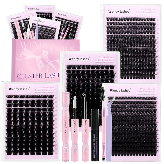 Detalle de Wimpern-Extensions-Set 8-teilig mit D-Curl Lash-Clustern (10–18 mm) inkl. Bond & Seal, Kleberentferner, Pinzette & Bürste