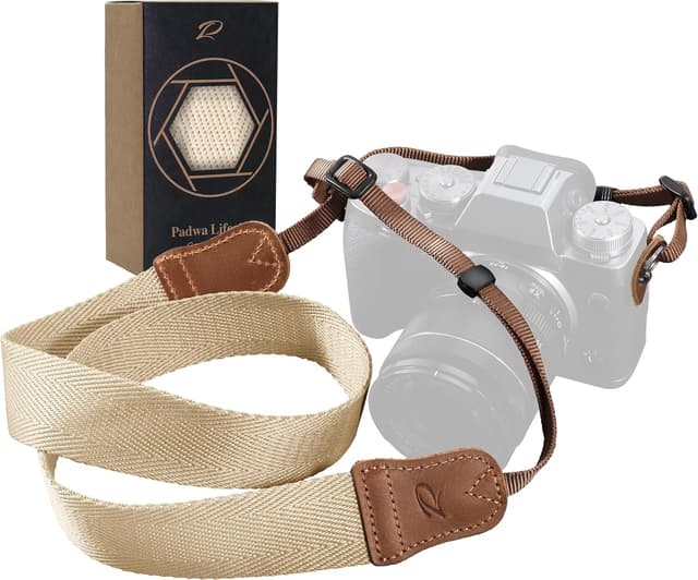 Detalle de Padwa Lifestyle Off White Camera Strap – Double-layer Crazy Horse Ends, 1.5in woven cotton strap