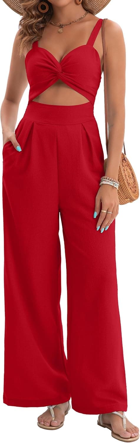 Detalle de AGerway Women’s Summer Jumpsuits V-Neck Twist Wide-Leg Rompers (One-Piece)