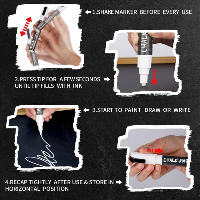 Detalle 2 de GAINWELL White Liquid Chalk Markers (3mm & 6mm nibs) – Water-Based Wet Wipe Erasable, 4 Pack