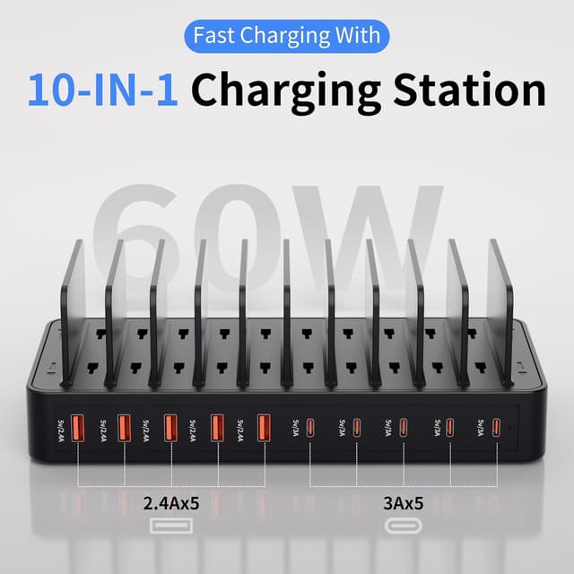 Detalle 2 de 60W 10-Port USB Fast Charging Station Dock