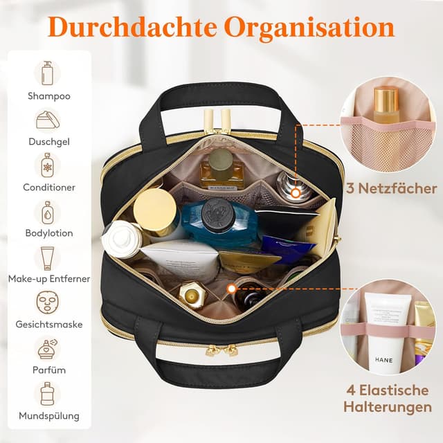 Detalle de Lifewit Reise-Kulturtasche für Damen (5,2 l) – wasserabweisender Kulturbeutel mit Nassfach, Organizer und Aufhängefunktion, Schwarz