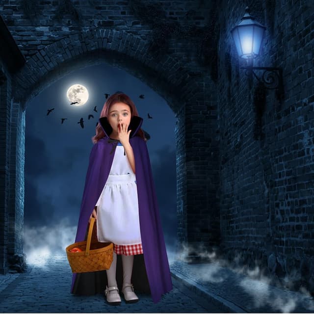 Detalle de AOOWU Mantello Vampiro Bambini doppio lato 90 cm, collo alto unisex per Halloween e cosplay