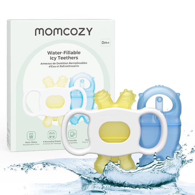Detalle de Momcozy Baby Teether Toys (Food-Grade Silicone) — Yellow and Blue, Water-Fillable Chilling Teething Relief