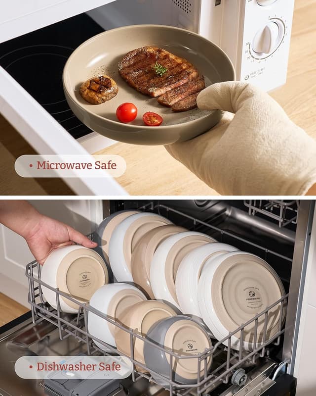 Detalle 2 de famiware Milkyway 33 oz Bowl Set (Set of 4) — Pasta & Salad Bowls, Double Reactive Glaze, Stackable, White & Cinnamon Brown