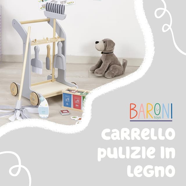 Detalle de Baroni Toys Carrello Pulizia in Legno Montessori con 8 Pezzi, trainabile, con accessori per la raccolta differenziata