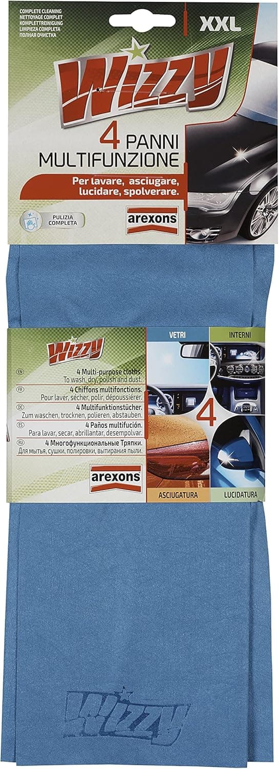 Detalle de Arexons Wizzy 4 Panni Multifunzione per auto: kit pulizia vetri, interni, asciugatura e lucidatura