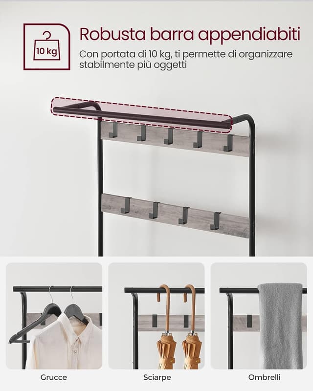 Detalle 2 de VASAGLE Appendiabiti con scarpiera mobile e panca 4 in 1 HSR40MB Greige e Nero