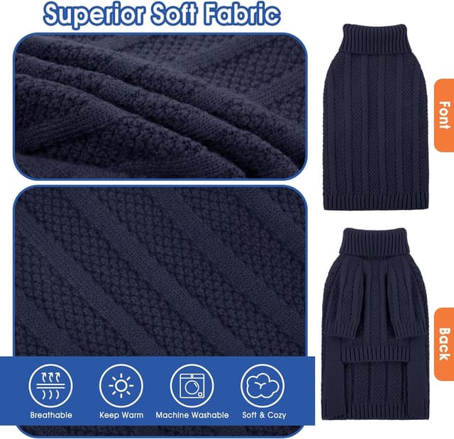 Detalle de Queenmore Dog Jumper Small (Navy) – Blue Turtleneck Cable Knit Long Sleeve Sweater for Small Dogs