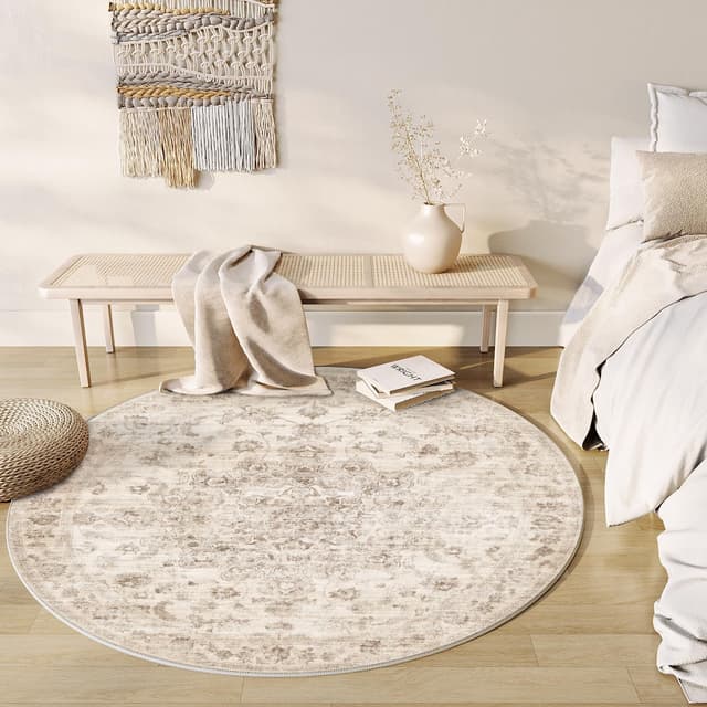 Thumbnail 6 de HUGEAR Vintage Beige waschbarer runder Teppich (150 cm) – kurzflorig, rutschfest für Wohnzimmer, Schlafzimmer & mehr