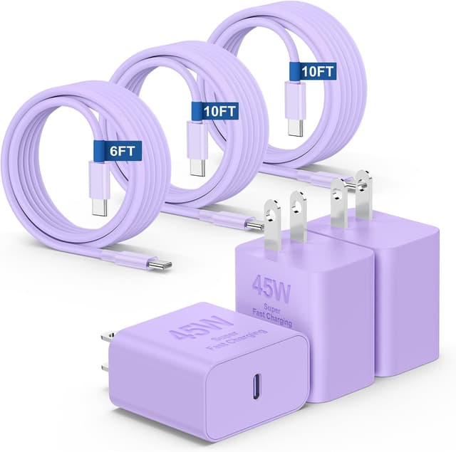 Detalle de 45W PD 3.0 iPhone Charger with Super Fast USB-C Cable (6FT/10FT/10FT) — Purple