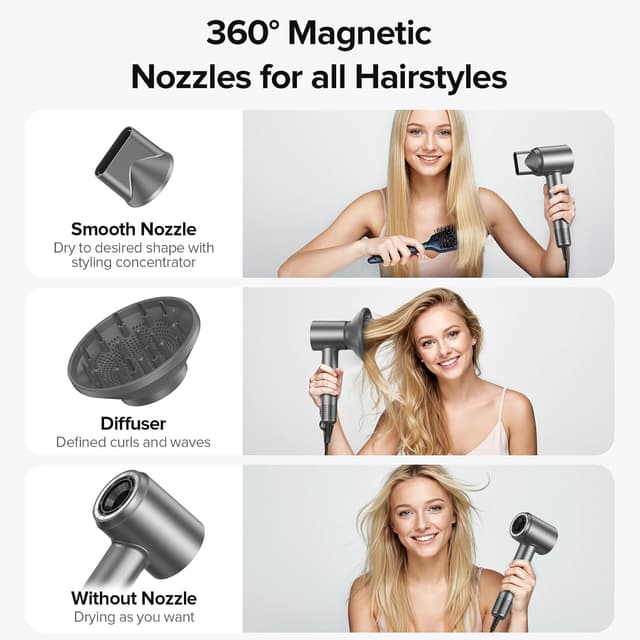 Detalle de Hair Dryer with 150,000 RPM Brushless Motor, 500M Negative Ions, ThermoControl & Magnetic Nozzle/Diffuser