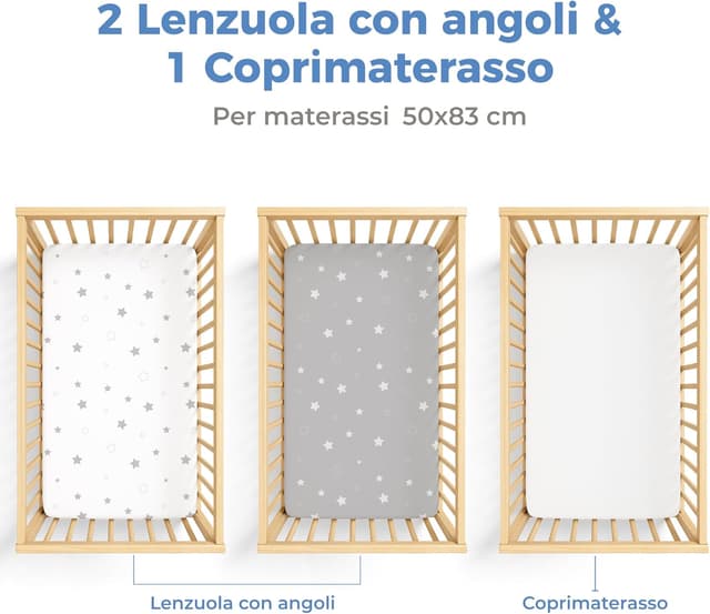 Detalle 2 de Dreamzie 2 Lenzuola culla neonato + 1 coprimaterasso impermeabile per lettino 50x83 cm Stars