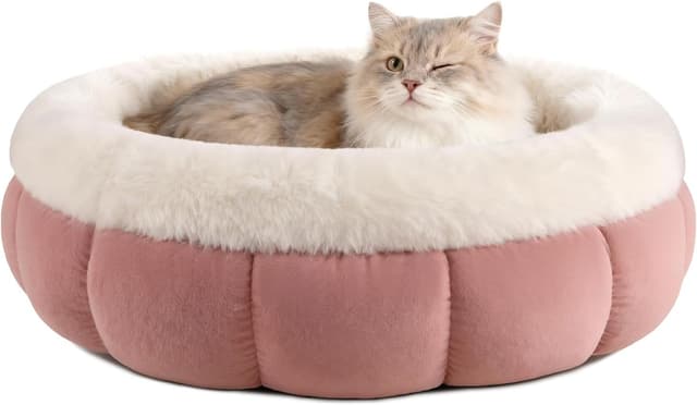 Detalle de EDMIENS Small Cat Bed (45x45x16.5cm) – Round Donut Fluffy Pet Cushion, Machine Washable, Pink