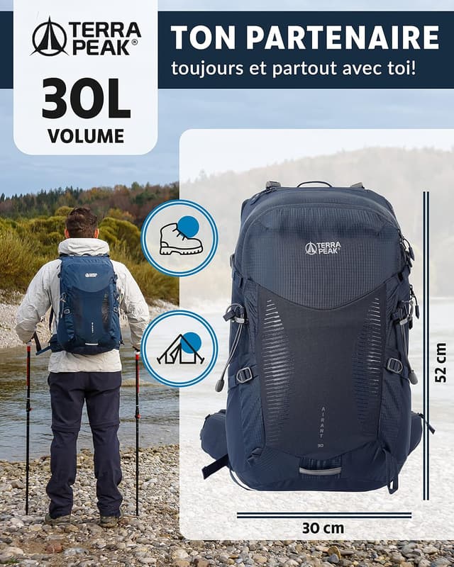 Detalle 2 de Terra Peak® sac à dos de randonnée 20/30/40 L avec dos ventilé (Dynamic Air Flow) — pour homme et femme