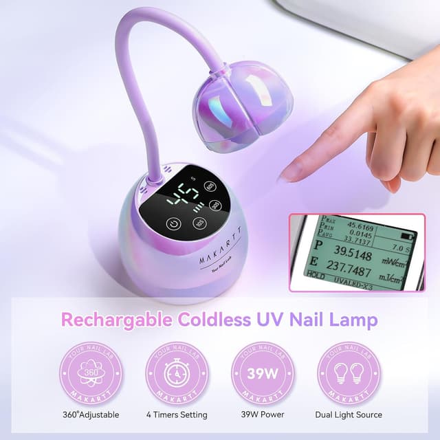 Detalle 2 de Makartt UV-Lampe für Gelnägel mit Gooseneck – kabellos, wiederaufladbar, 39 W und Autosensor (lila)