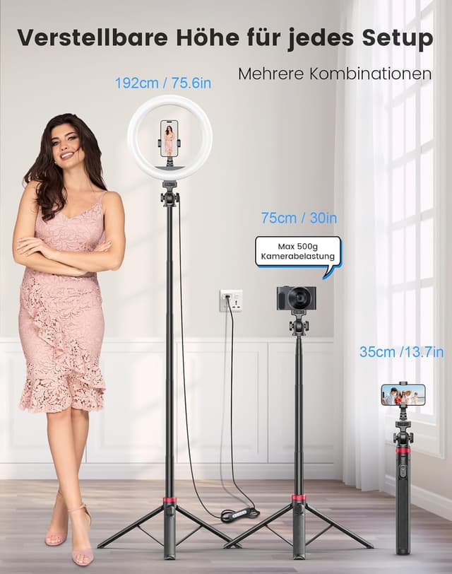 Detalle de Acrhkoor 10,2" dimmbares Ringlicht mit 75-Zoll-Aluminiumstativ für Make-up, TikTok & Live-Streams