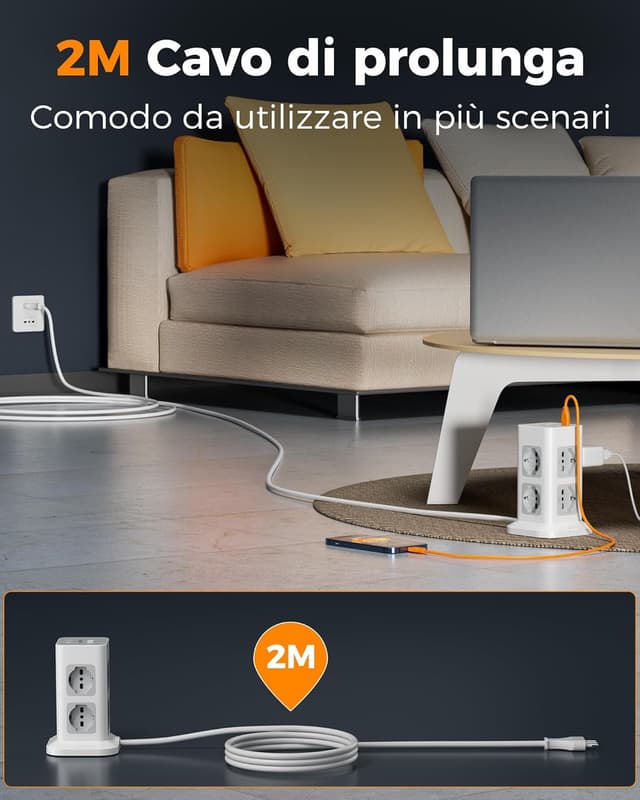 Detalle de TESSAN ciabatta multipresa verticale con 8 prese IT e USB 20W (3680W) con protezione da sovratensione