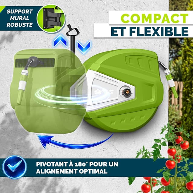 Detalle de tillvex Schlauchtrommel mit Wandhalterung, Handbrause und 9-Funktionen-Wasserpistole (Schlauchaufroller, 30 m, grün)