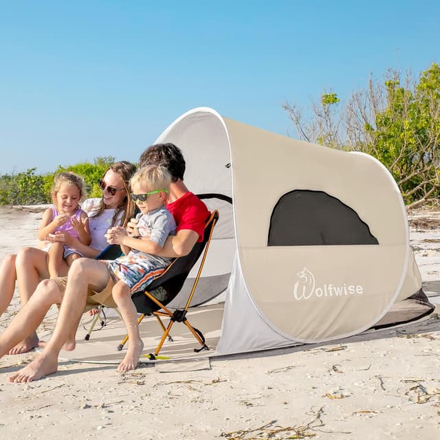 Detalle 2 de Wolfwise Tenda pop-up istantanea per 3-4 persone con UPF 50+ beige, riparo portatile per spiaggia e trekking